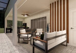 A modern living room with a sofa, chairs, a coffee table, and a dining area with a table and chairs. - 10bd house with private pool and game room (Clermont)