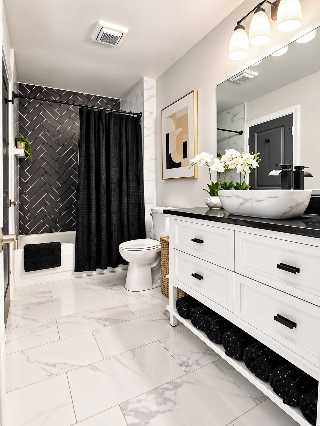 A modern bathroom with a white vanity, black towel, marble tiles, a black shower curtain, and a white toilet.