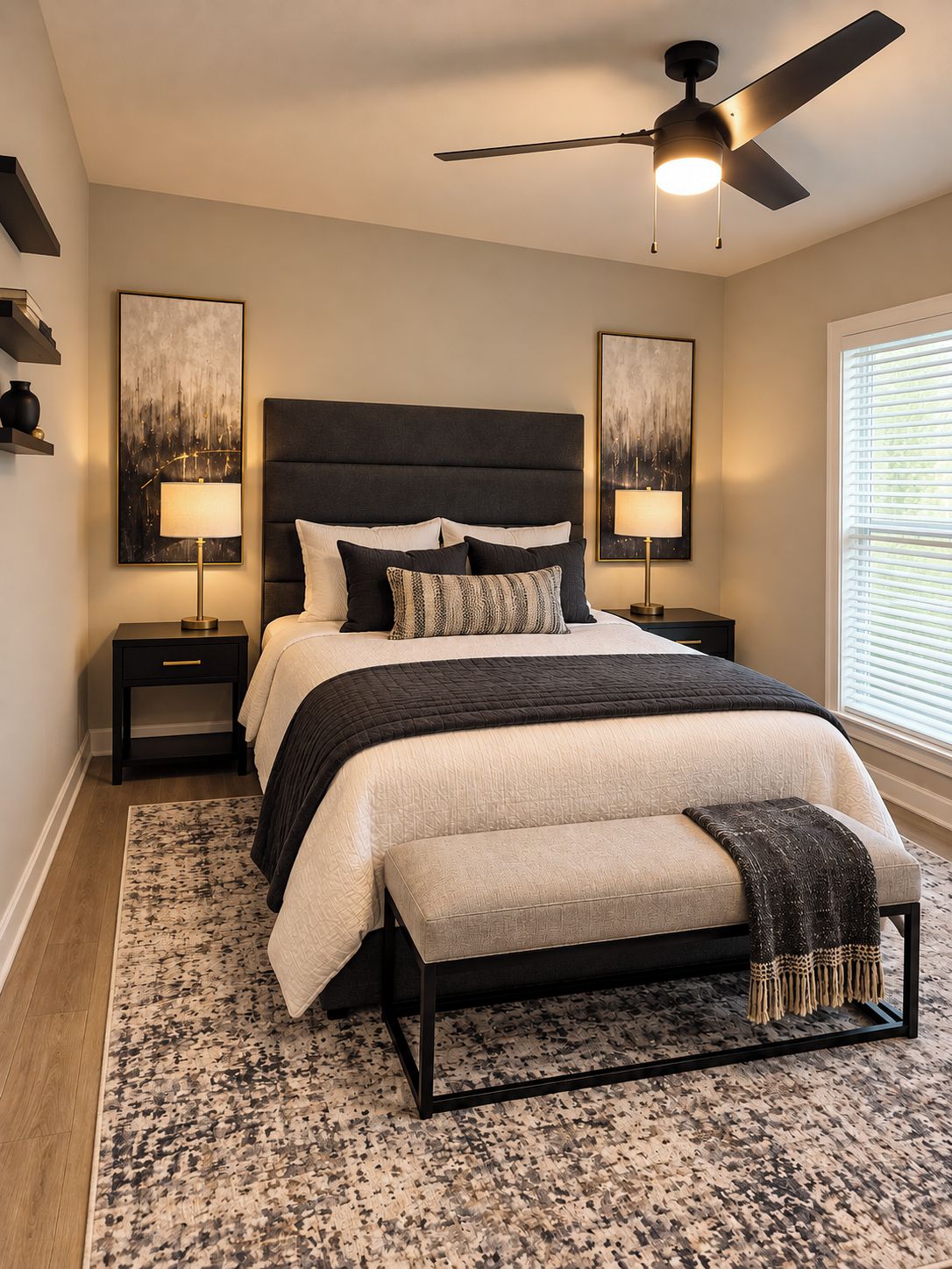 A bedroom with a bed, two bedside tables, a ceiling fan, and artwork on the walls.