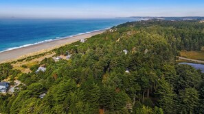Une propriété située sur la côte, avec une plage, une forêt dense et une route.