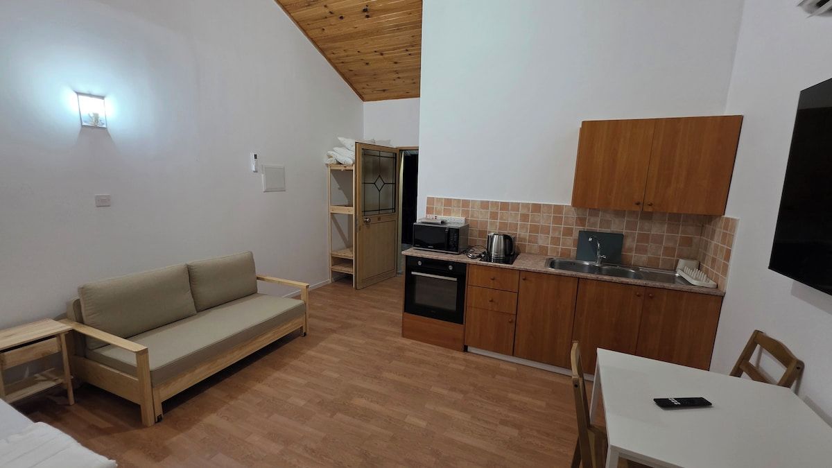 Un espacio habitable funcional con sofá, kitchenette y comedor.