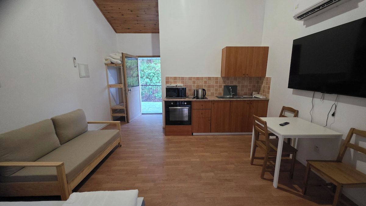 Un espacio habitable compacto con sofá, mesa de comedor y zona de cocina que incluye microondas y horno.