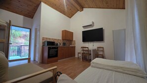 Ein kleines Zimmer mit einer Küchenzeile, einem Bett, einem Fernseher und einem Fenster mit Blick.