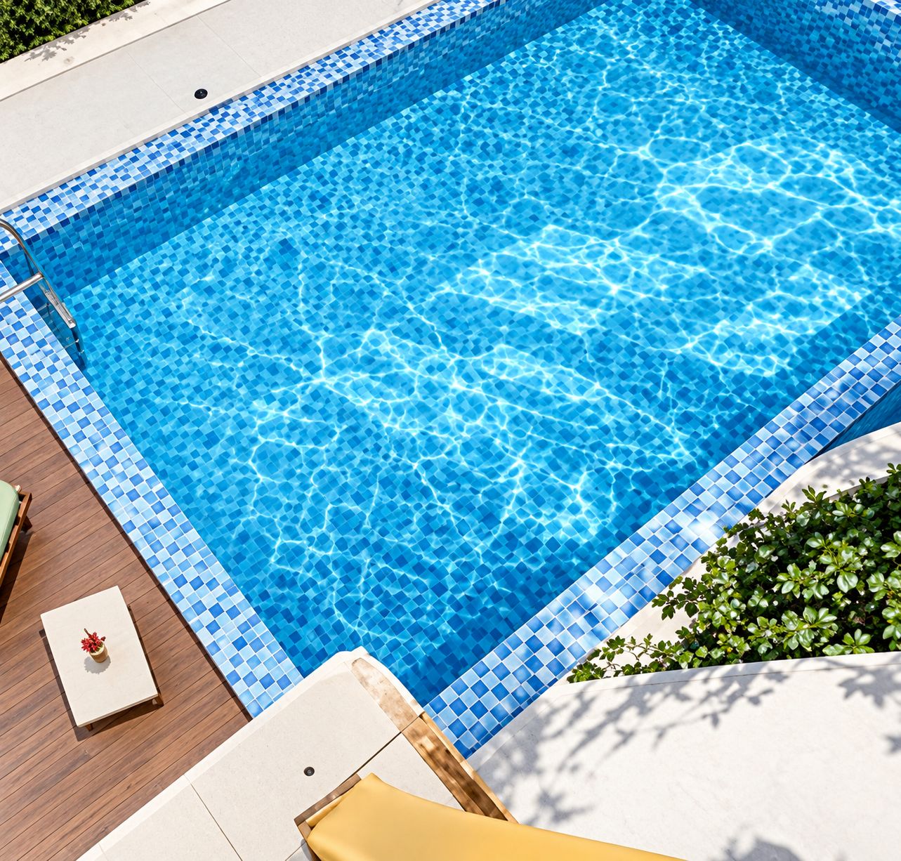 Una piscina rectangular con borde de mosaicos azules, rodeada por una terraza de madera y una zona de estar blanca.