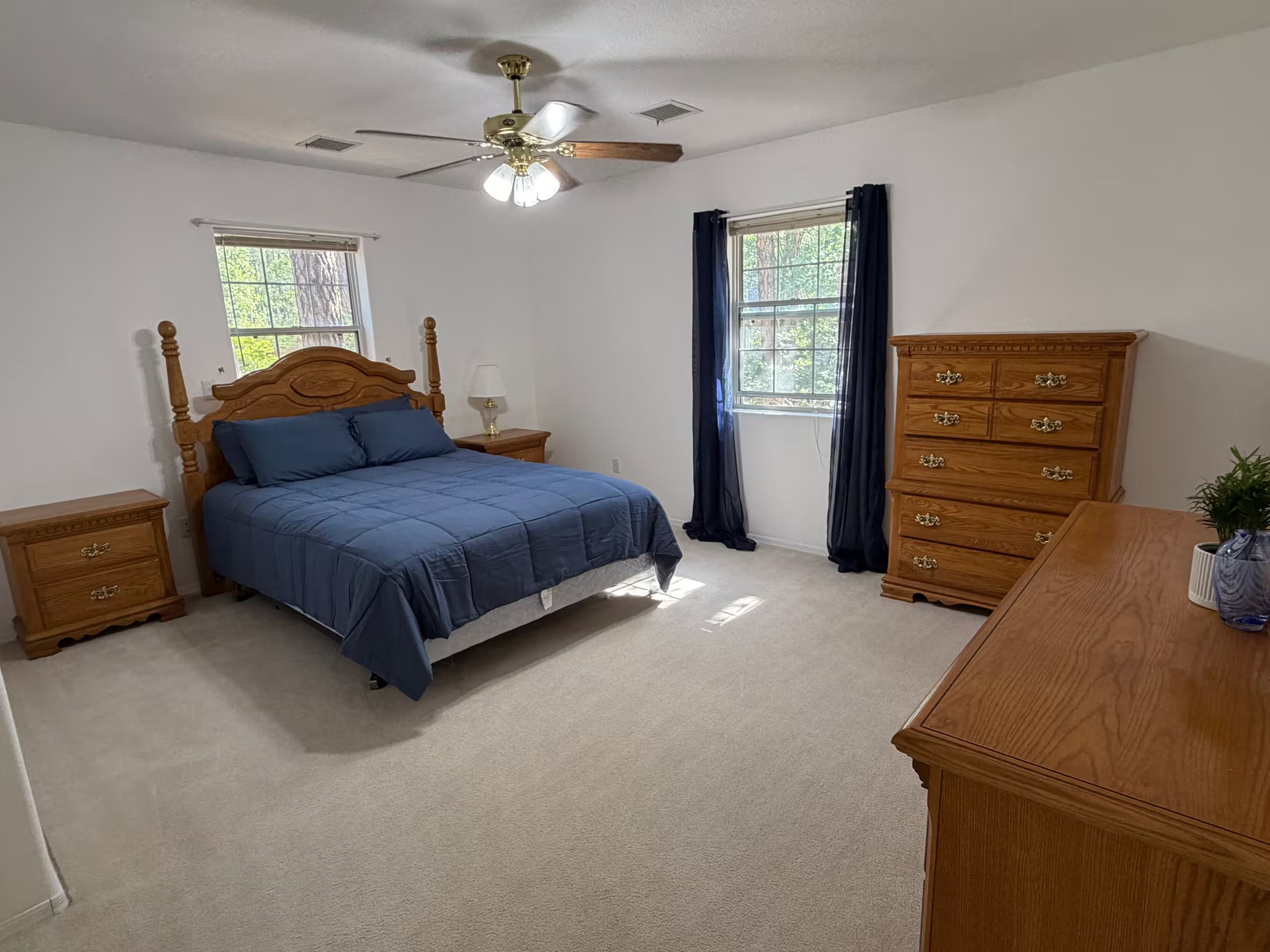 Une chambre à coucher comprenant un lit, une commode, une table de chevet, un ventilateur de plafond et une fenêtre avec des rideaux.