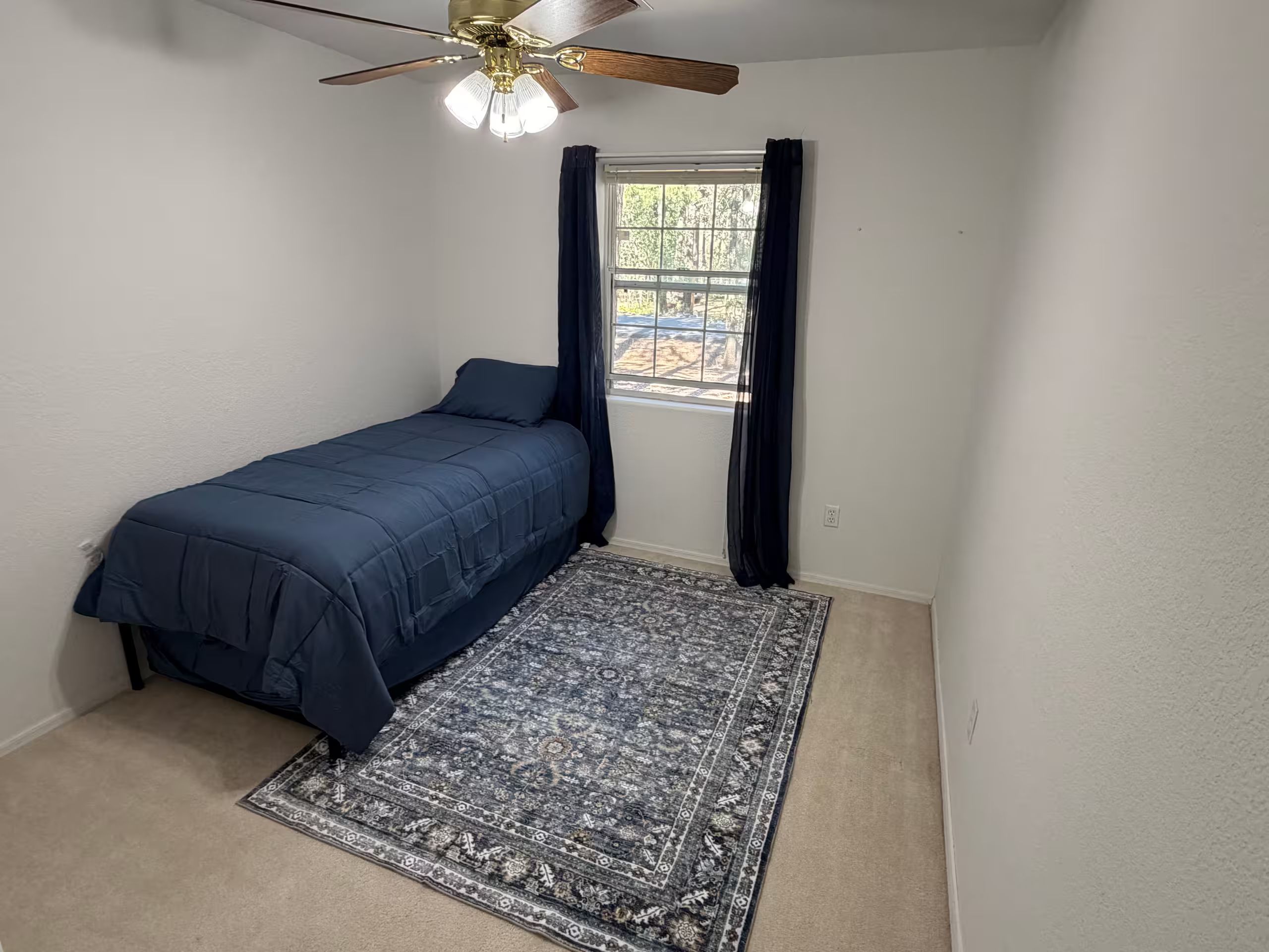 A bedroom with a bed, a ceiling fan, a window with curtains, and a patterned rug.