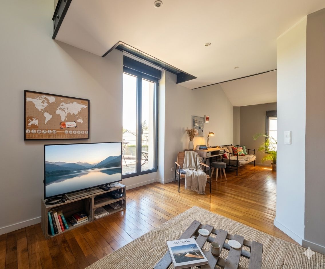 A modern living room with a flat-screen TV, wooden flooring, a large window, and a cozy seating area.