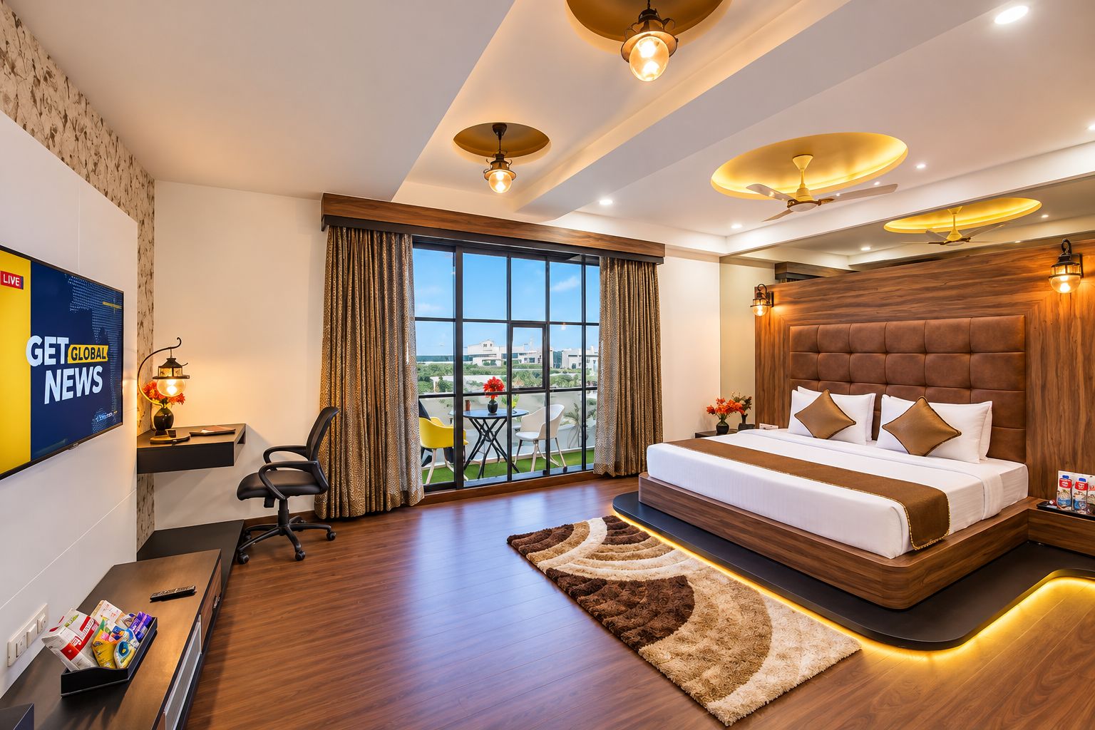 A modern hotel room with a large bed, a desk with a computer, a TV, and a view of the outdoors.
