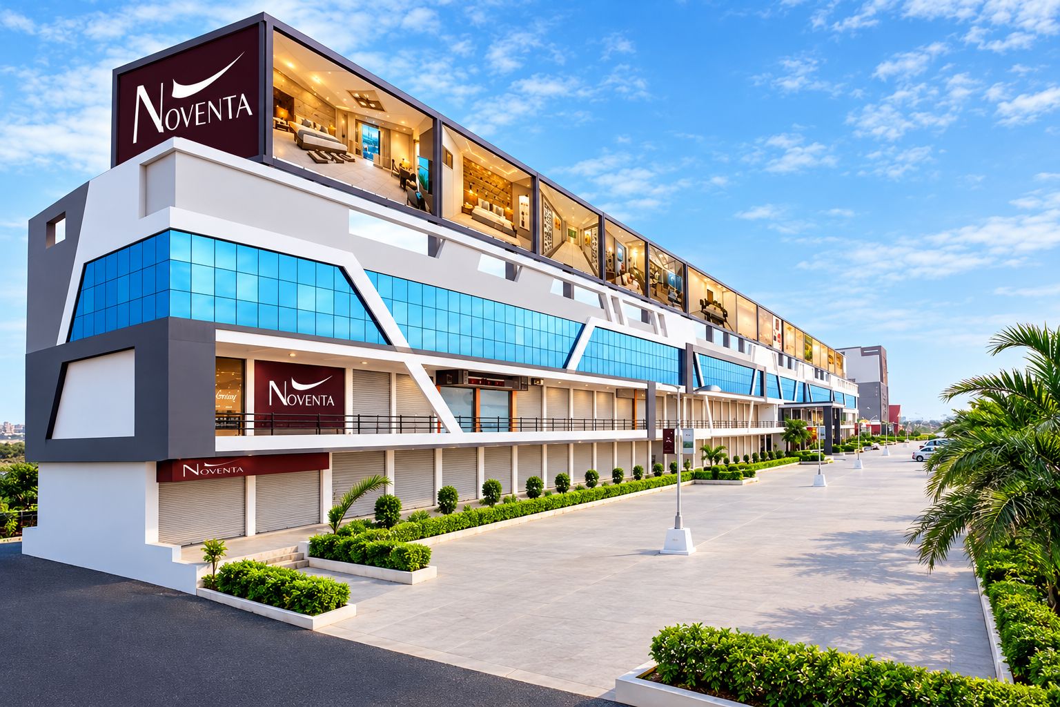 A Noventa hotel with a modern architectural design, featuring a large glass facade and multiple levels.