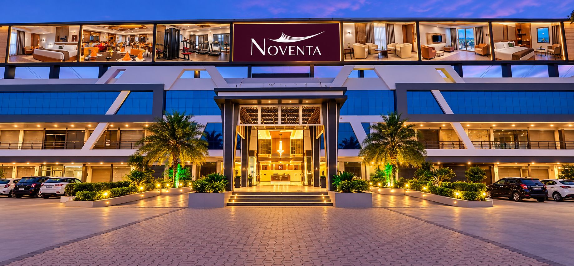 A hotel with a modern design, featuring a prominent entrance, multiple floors, and a well-lit facade.
