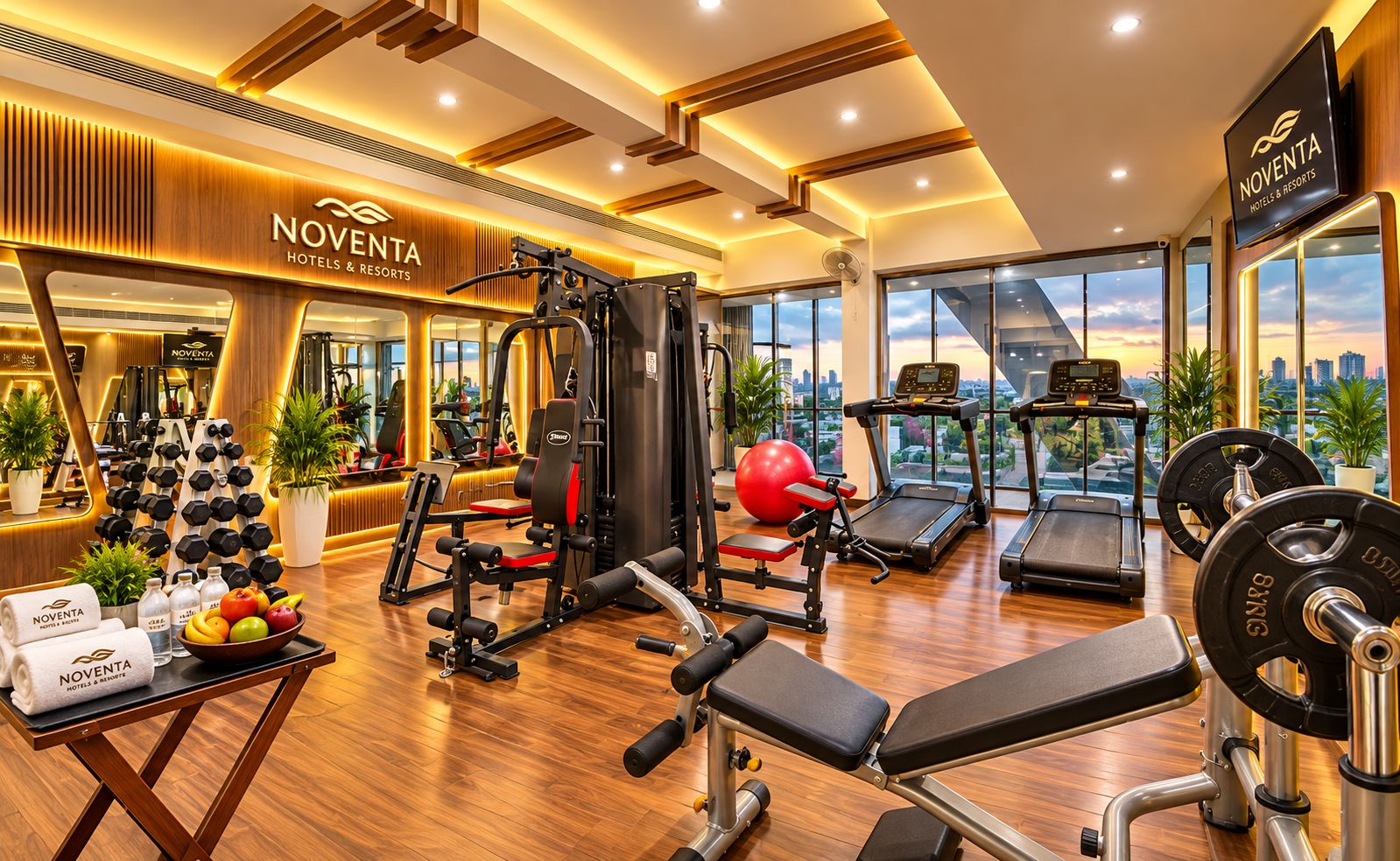 A Noventa hotel gym with exercise equipment, a treadmill, and a view of the city.