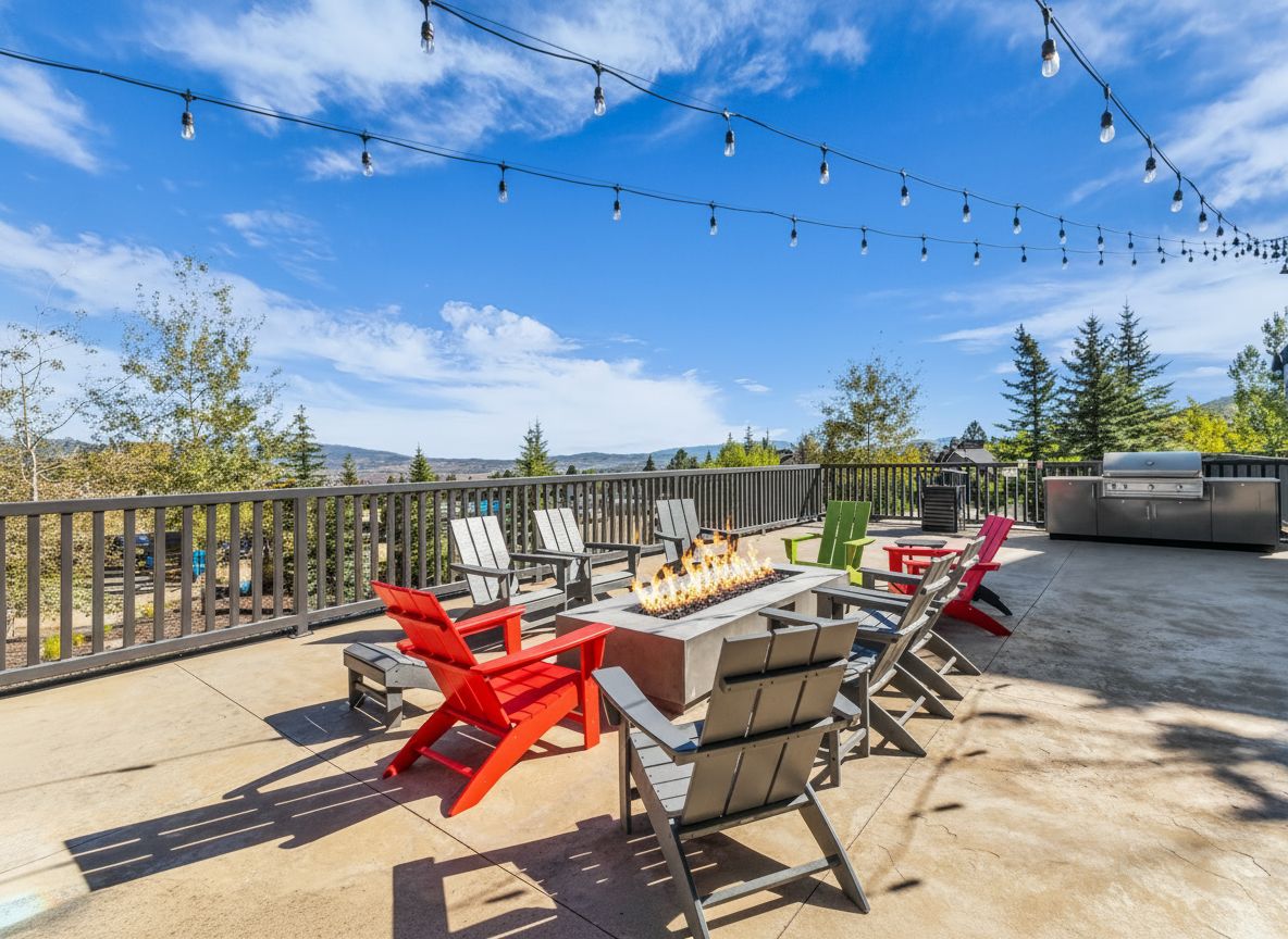 An outdoor patio with a fire pit, seating, and string lights.