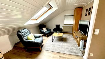 Ein Loft-Wohnzimmer mit schräg verlaufender Decke, einem schwarzen Ledersofa, einem Holztisch und einem Fernseher auf einem Holzständer.