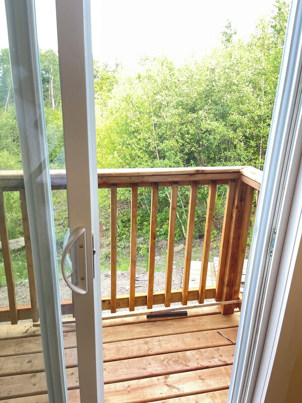 A wooden deck with a glass door leading to a lush green landscape.