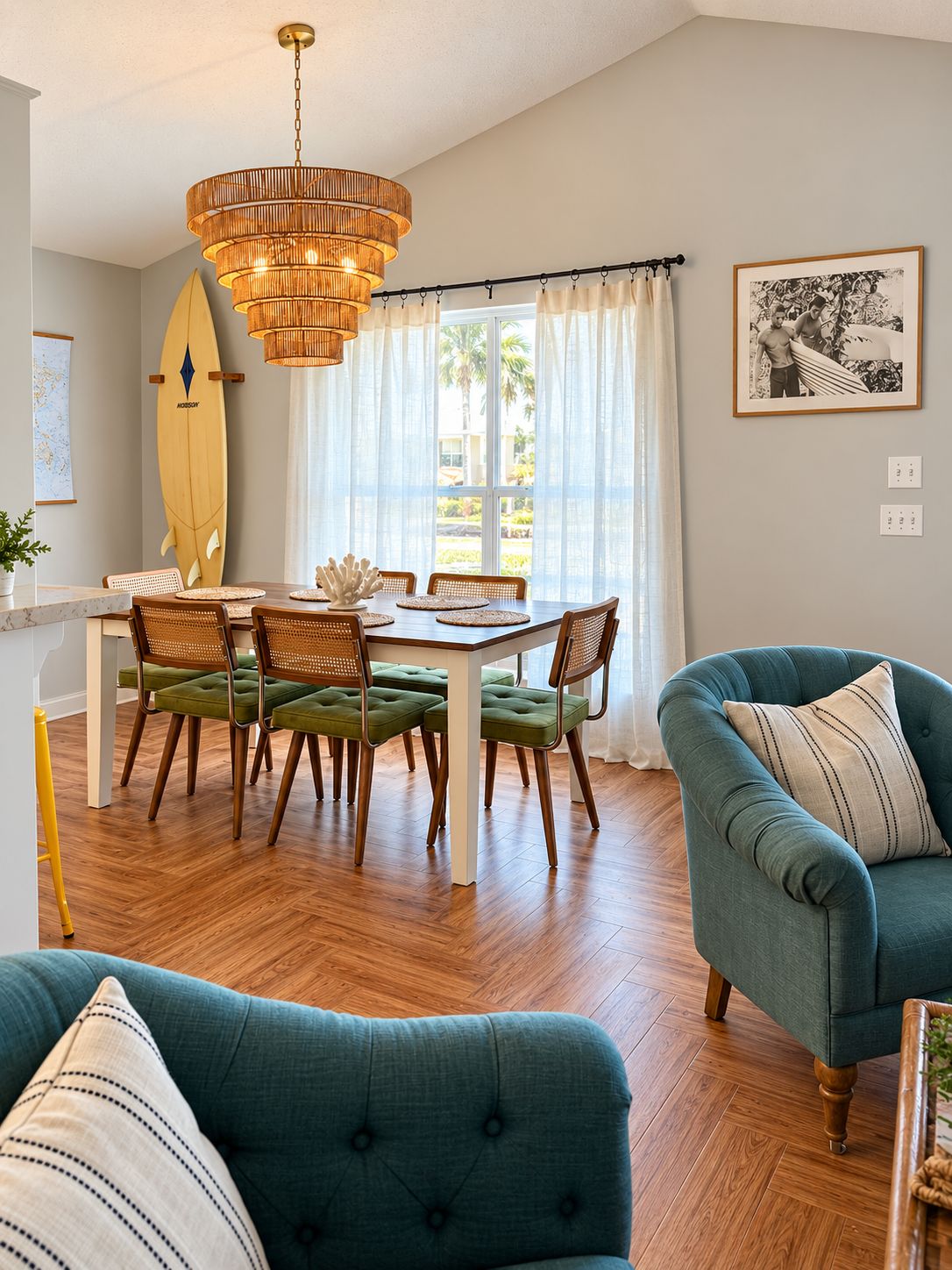 A dining area with a wooden table, green upholstered chairs, a surfboard, and a hanging light fixture.