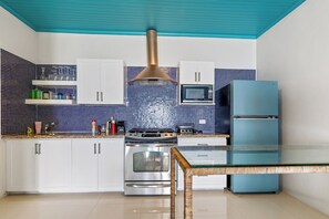 A kitchen with white cabinets, a stainless steel stove, a blue refrigerator, and a tiled backsplash. - Morgan’s cliff ocean front villa (Salt Gut)