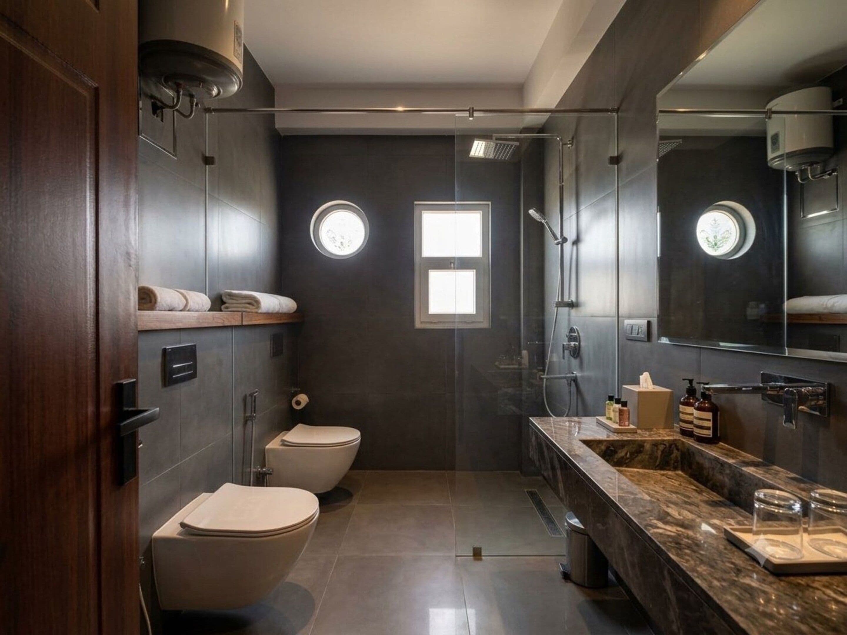A modern bathroom with a toilet, bidet, and shower. There is a vanity with a mirror and a sink.