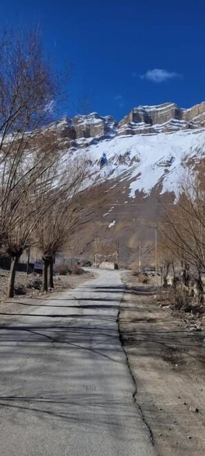 A paved road with snow on the ground, leading towards a mountainous area with sparse vegetation.