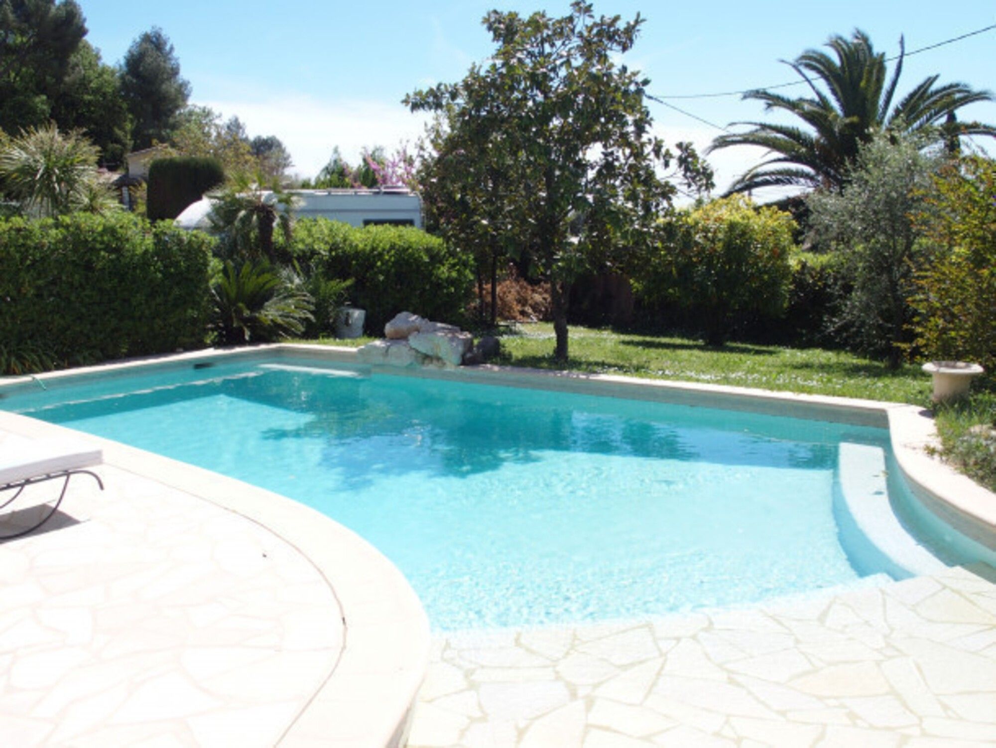 Una piscina con bordo in piastrelle, circondata da vegetazione e un muro in pietra.