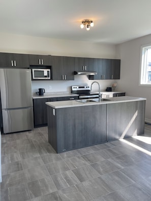 A modern kitchen with dark cabinets, stainless appliances, and a central island. - Ottawa Getaway | 4BR Home + Free parking +WI-FI (Ottawa)