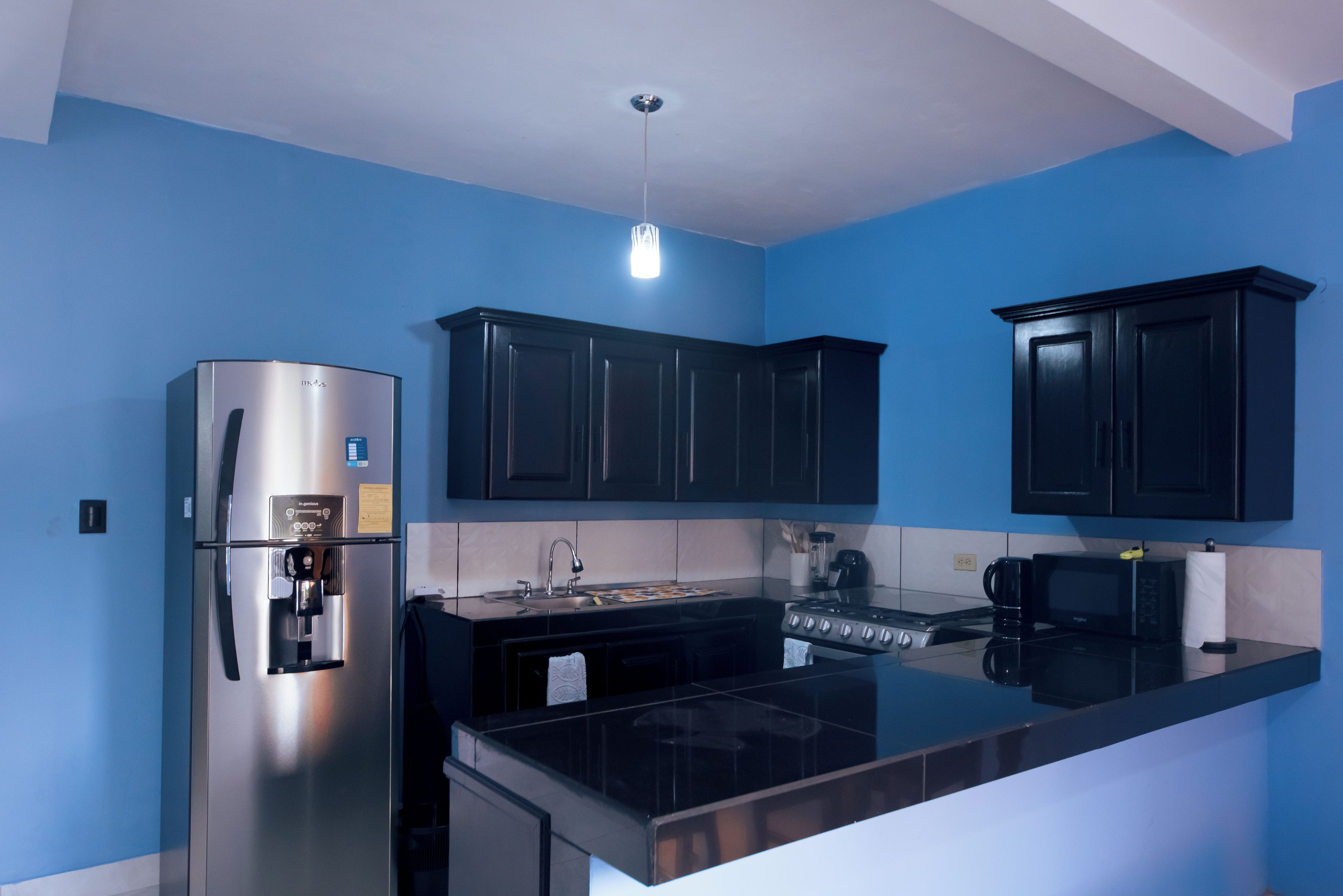 Une cuisine équipée d’un réfrigérateur en acier inoxydable, d’une cuisinière et de meubles de rangement noirs.
