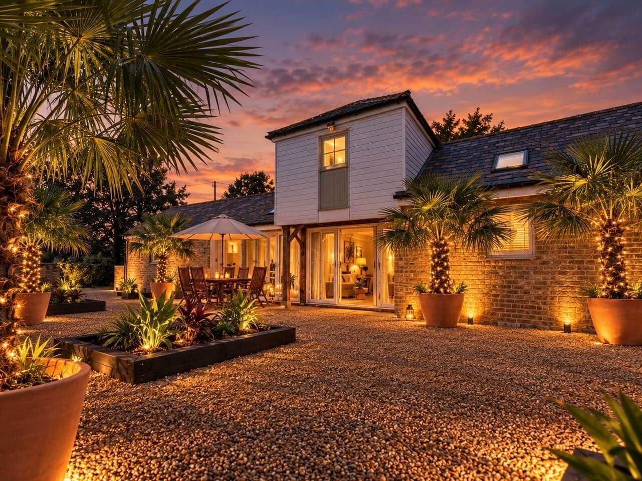 A house with a patio area, a dining set, and potted plants.
