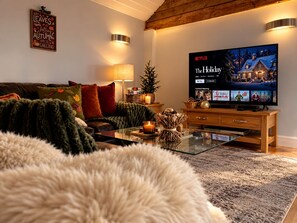 Un salon chaleureux avec un téléviseur à écran plat diffusant une série Netflix, une cheminée et un coin salon confortable.