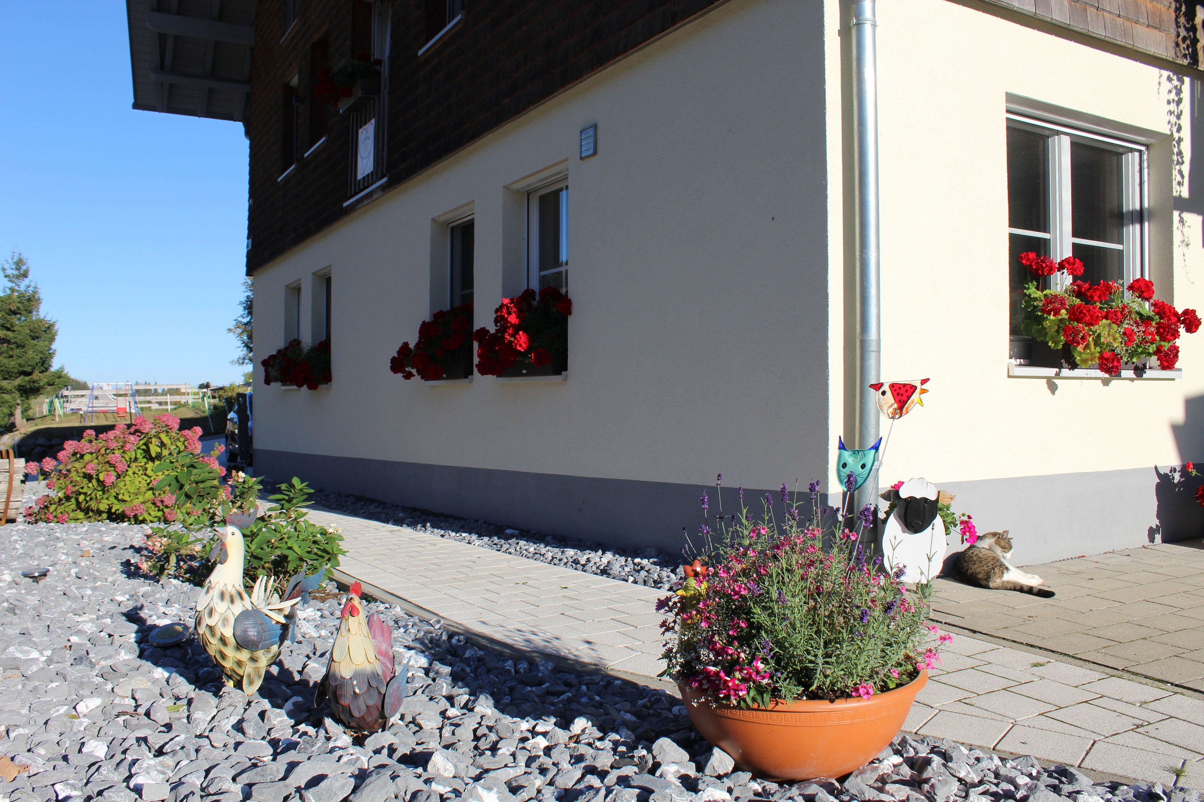 Un edificio con fachada blanca, varias ventanas y jardineras con flores rojas.