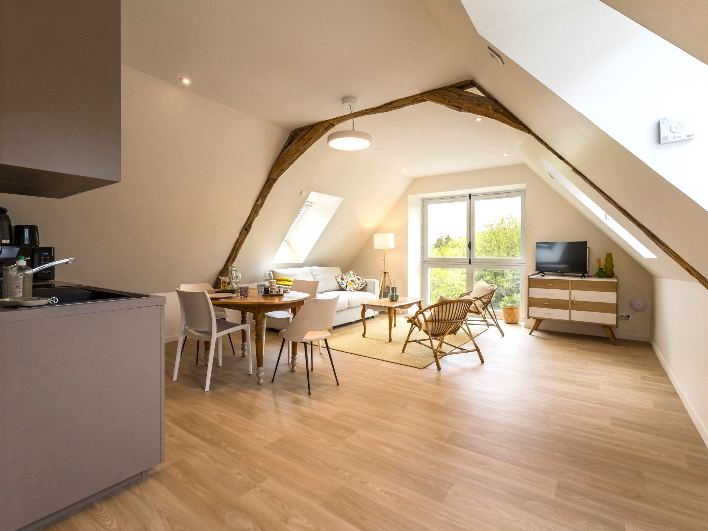 A modern loft apartment with a kitchen, dining area, and living space.