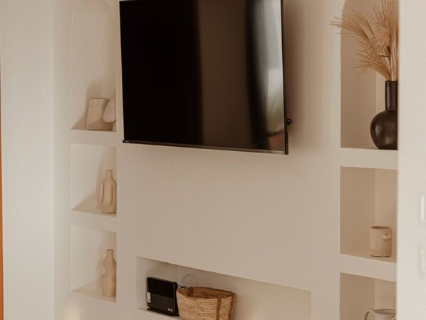 A modern living room with a flat-screen TV mounted on the wall, a fireplace below, and shelves with decorative items. - Lodge with private pool, nature - 4 guests (Salazie)
