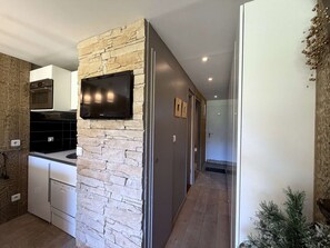 Une cuisine moderne avec un mur d’accent en pierre, un téléviseur à écran plat et un meuble en bois.