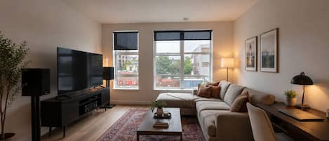 A modern living room with a flat-screen TV, a sofa, a coffee table, and a desk with a laptop.