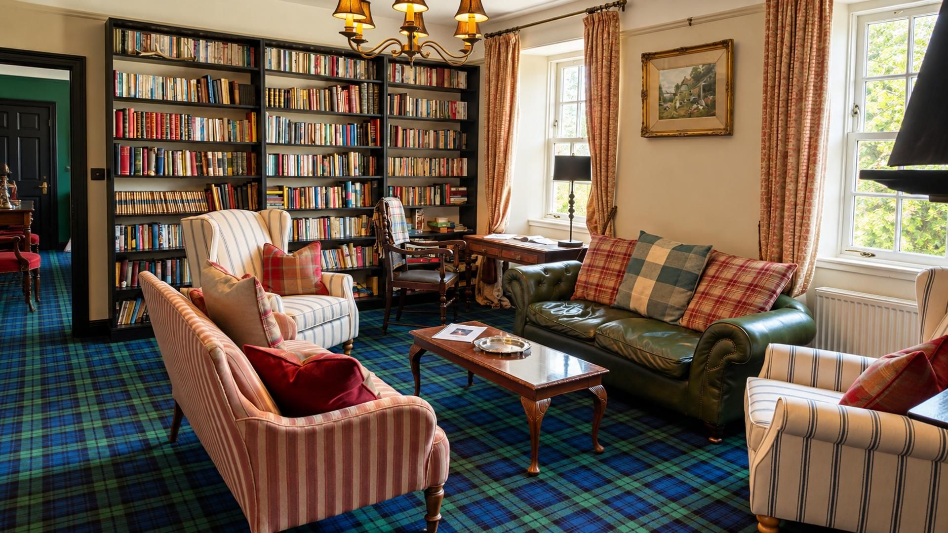 A library with bookshelves, a leather sofa, striped armchairs, and a plaid carpet.