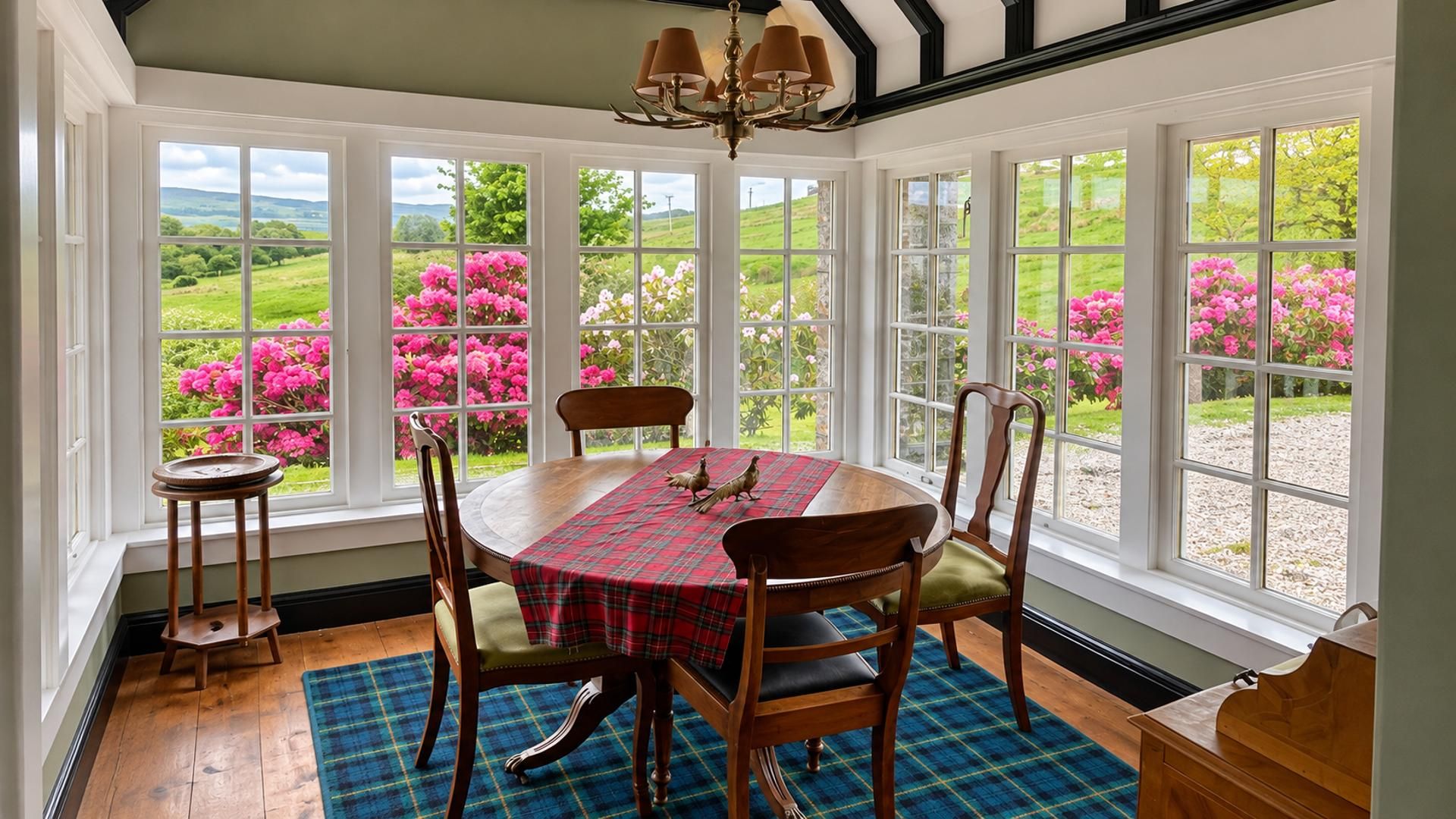 A dining area with a table set for four, surrounded by chairs, with a view of a garden through large windows.