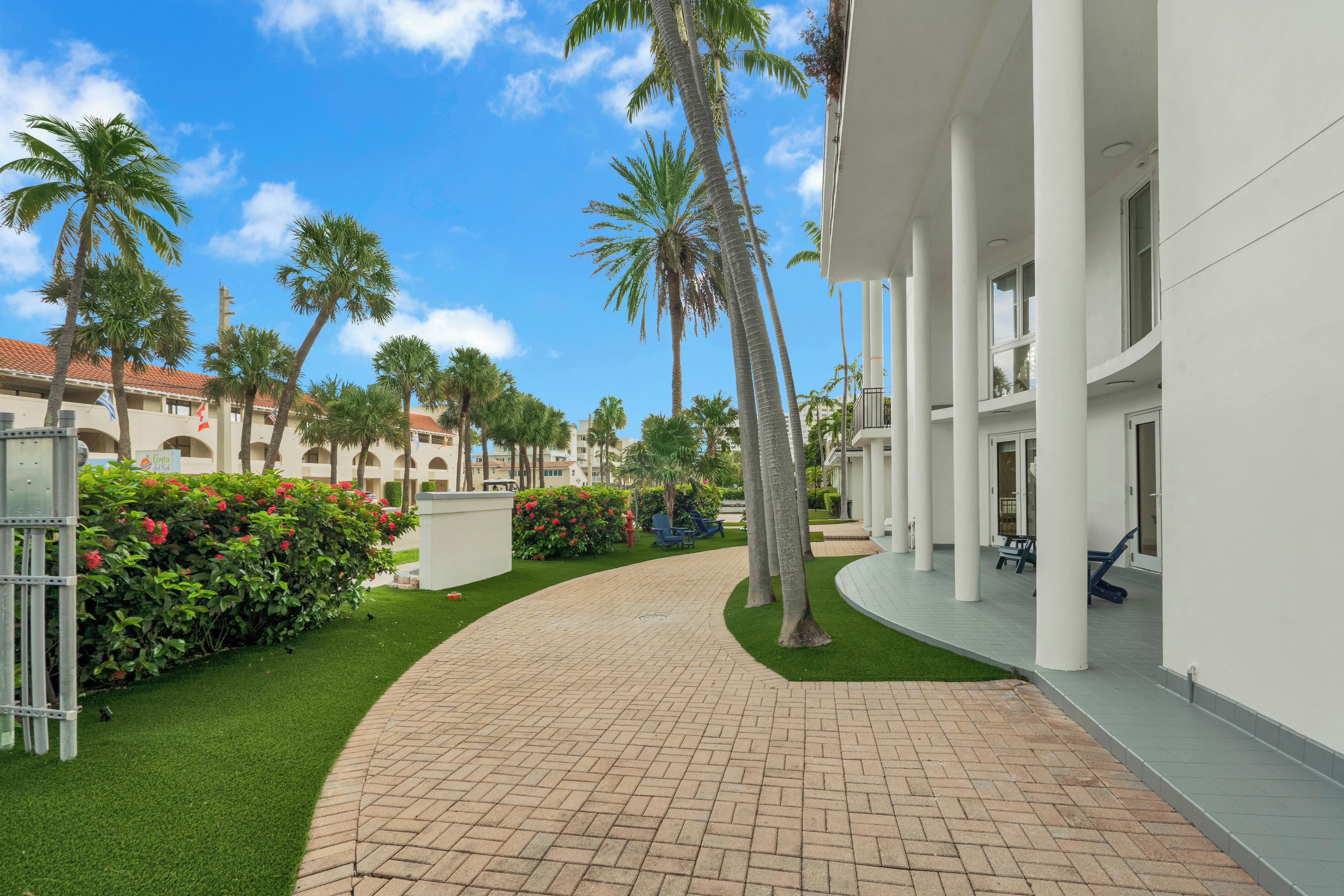 A paved walkway with palm trees and a building with columns.