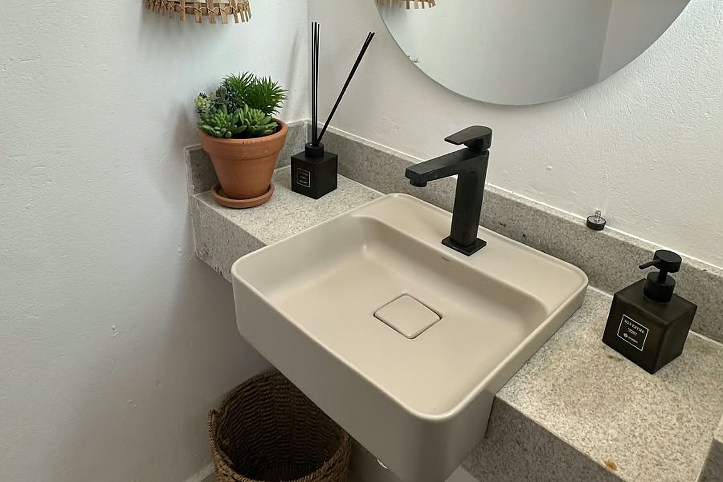 A bathroom sink with a mirror, a potted plant, and a soap dispenser.