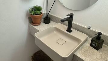 A bathroom sink with a mirror, a potted plant, and a soap dispenser.