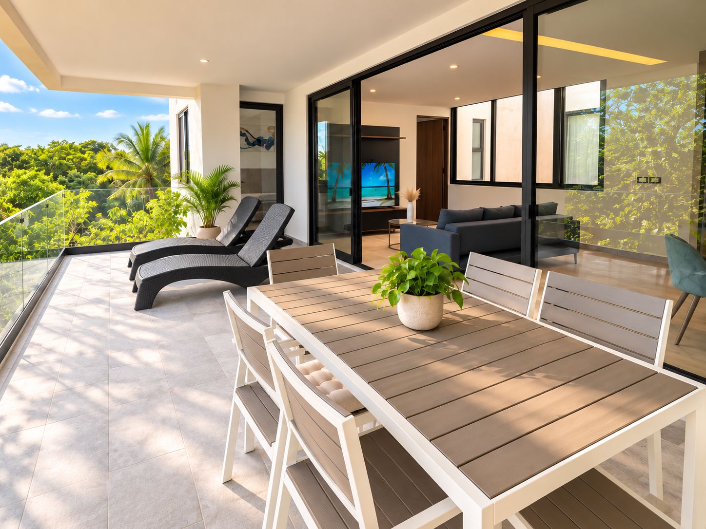 A modern outdoor seating area with a table and chairs, a sofa, and a TV screen.