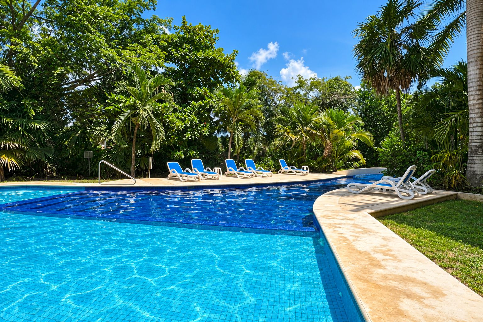 A swimming pool with blue tiles, surrounded by palm trees and lounge chairs.