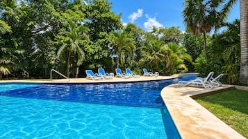 A swimming pool with blue tiles, surrounded by palm trees and lounge chairs.