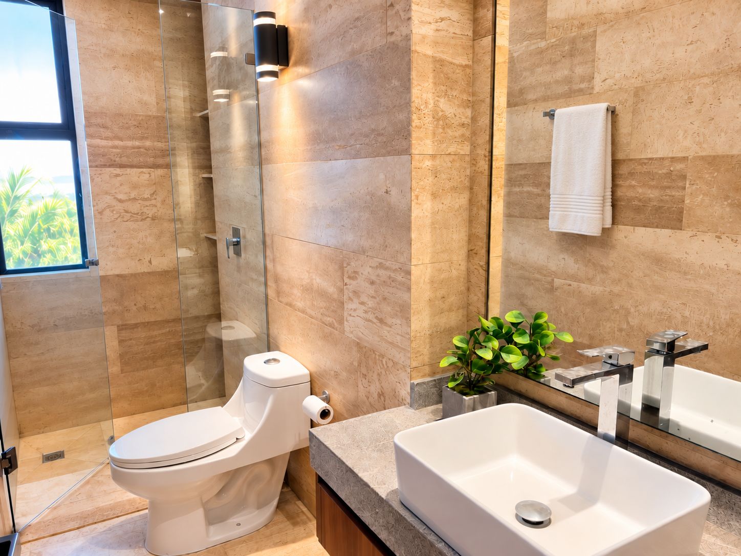 Un baño moderno con inodoro, cabina de ducha, lavamanos y un espejo grande.