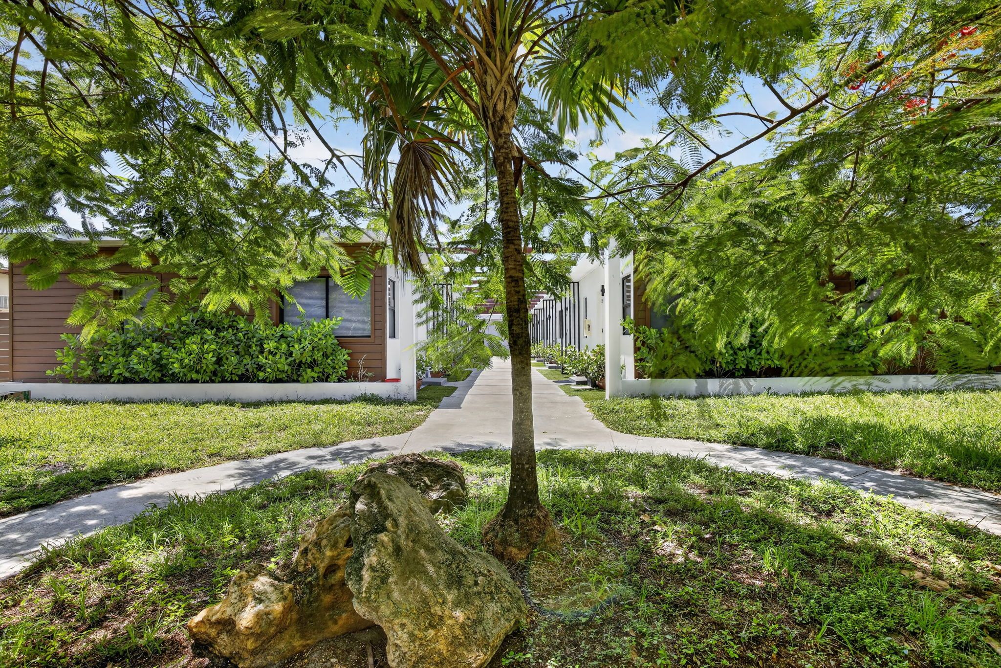 A pathway flanked by lush greenery and a building with a modern design.