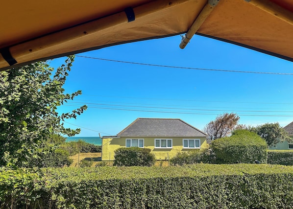 A house with a grey roof, surrounded by greenery and a clear blue sky.