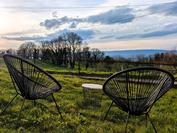 A grassy outdoor area with two black wireframe chairs and a small round table.
