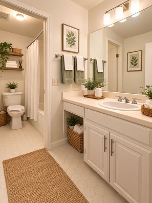 A bathroom with a toilet, sink, mirror, and towel racks. - Cozy & Stylish 1-Bedroom Retreat Modern Comfort & Private Kitchenette (Tampa)