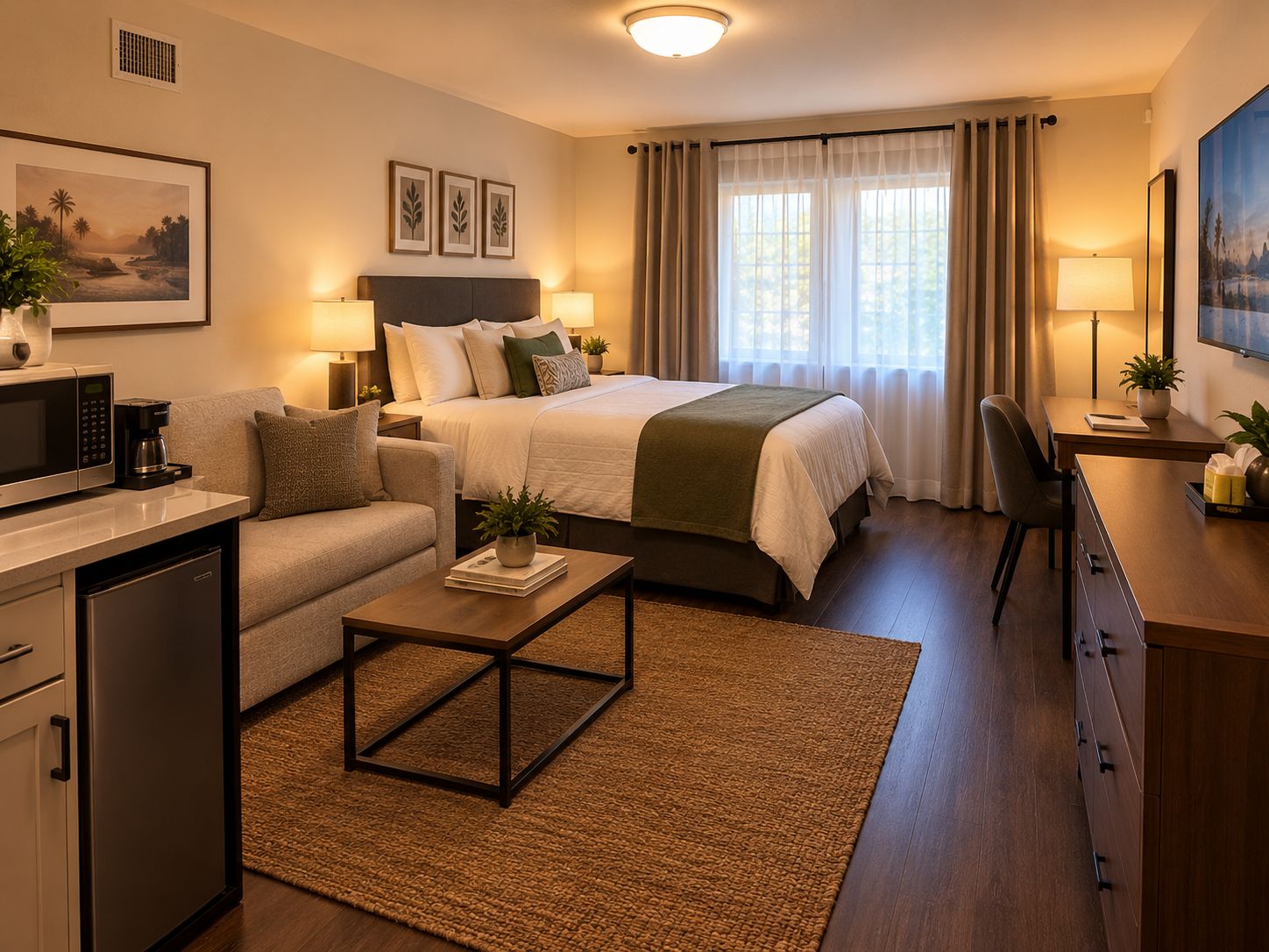 A hotel room with a bed, bedside tables, a desk, a sofa, a coffee machine, and a television.