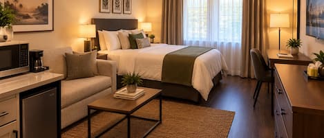 A hotel room with a bed, bedside tables, a desk, a sofa, a coffee machine, and a television.
