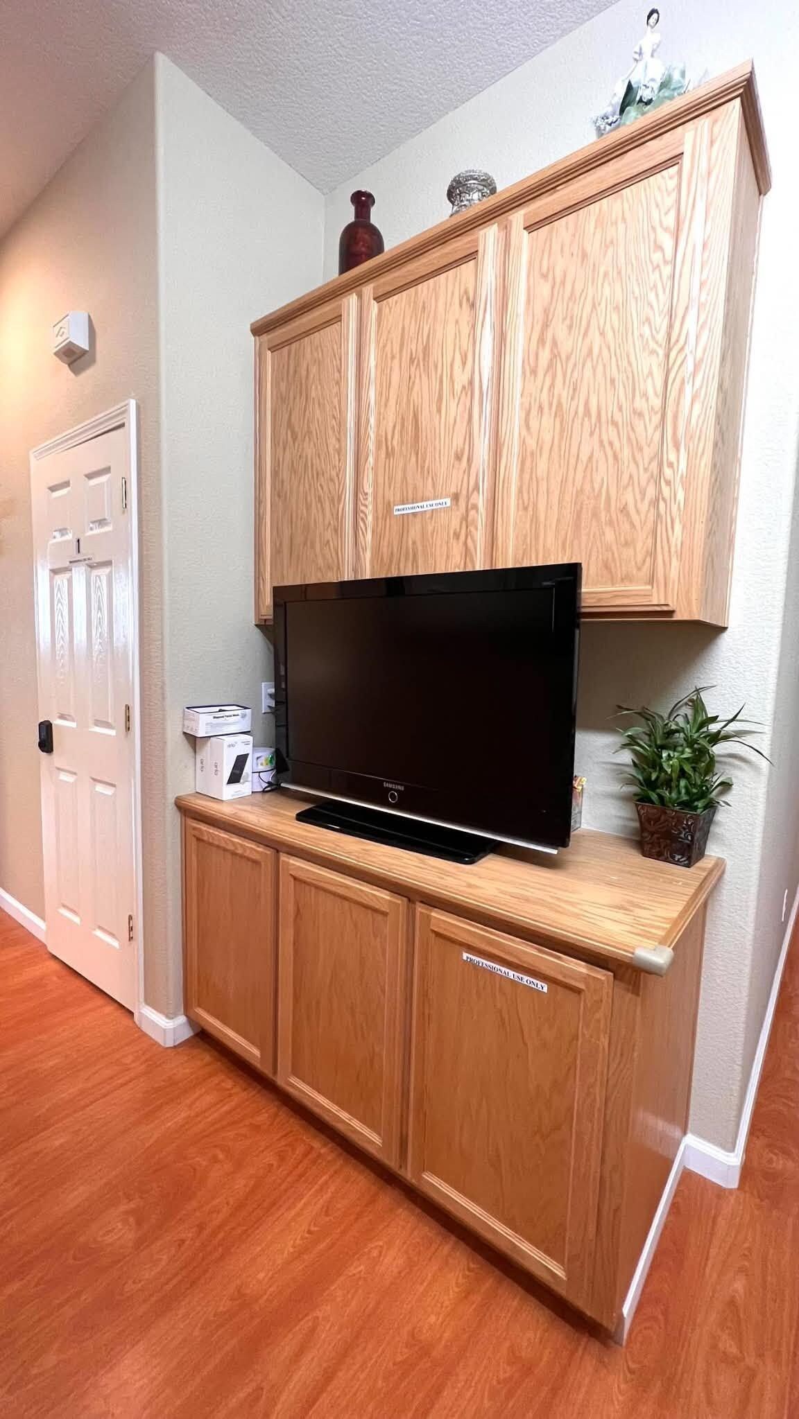 A flat-screen TV on a wooden cabinet with a 'Professional Use Only' sign, a door, and a plant.