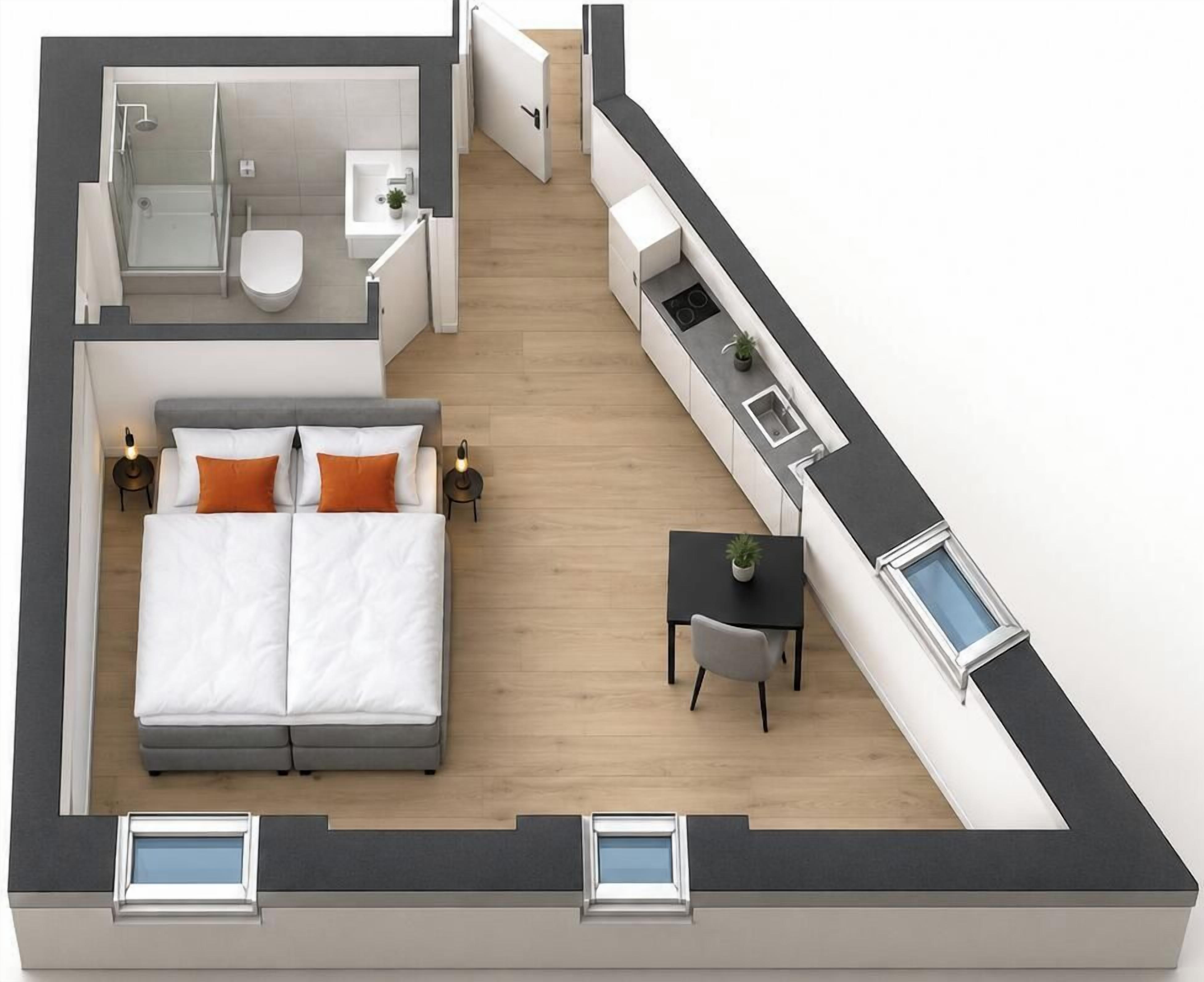 A modern apartment layout with a bedroom, bathroom, kitchenette, and a small dining area.