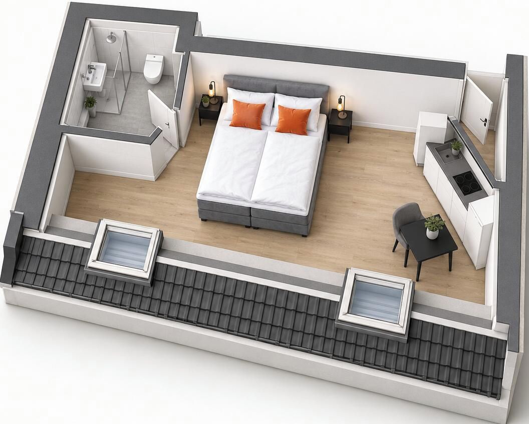 A 2-bedroom apartment layout with a bathroom, kitchenette, and a small balcony.
